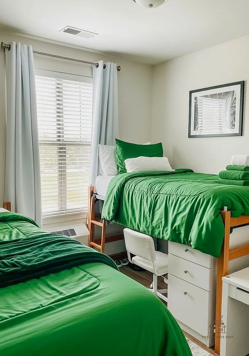 40 Dreamy Green Dorm Room Ideas to Try This Season 16 Green and White Striped Bedding