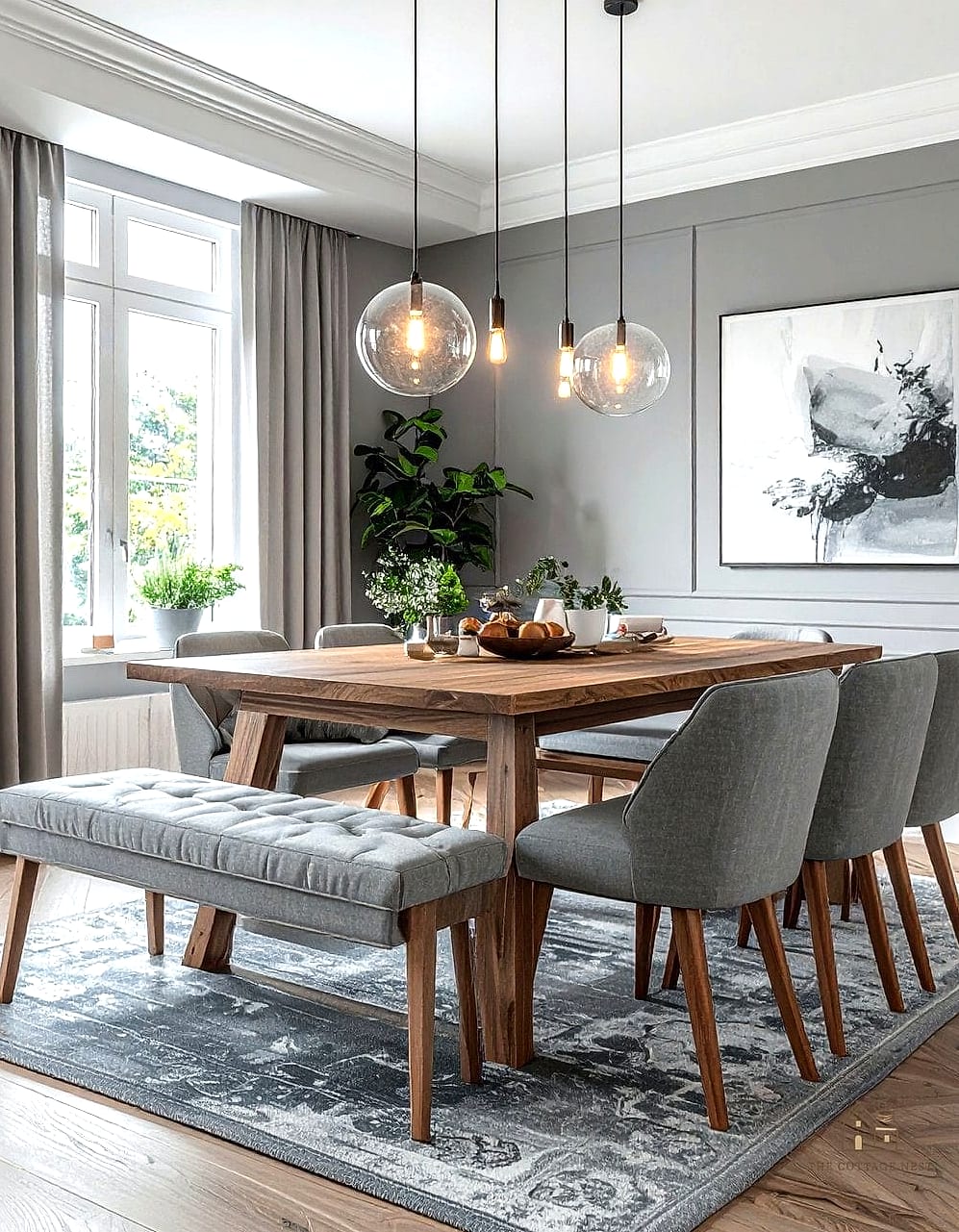 40 Clever Grey Dining Room Ideas for Every Style 33 Grey Dining Room with Statement Lighting