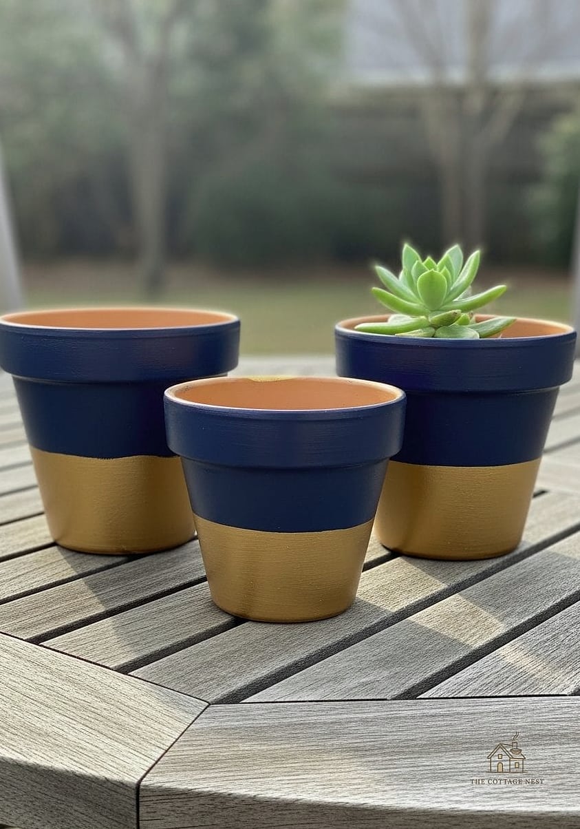 30 Amazing Flower Pots Painting Ideas on a Budget 22 Half-Painted Pots with Exposed Terracotta
