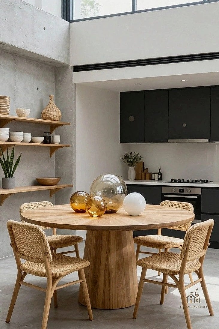 45 Gorgeous Japandi Dining Room Ideas That Are Totally Doable 23 Handblown Glass Pendant
