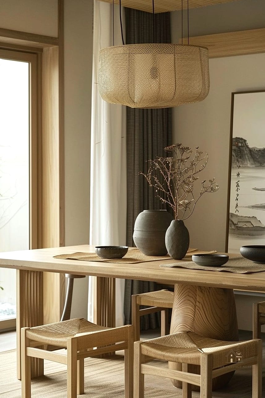 45 Gorgeous Japandi Dining Room Ideas That Are Totally Doable 20 Handwoven Basket Storage