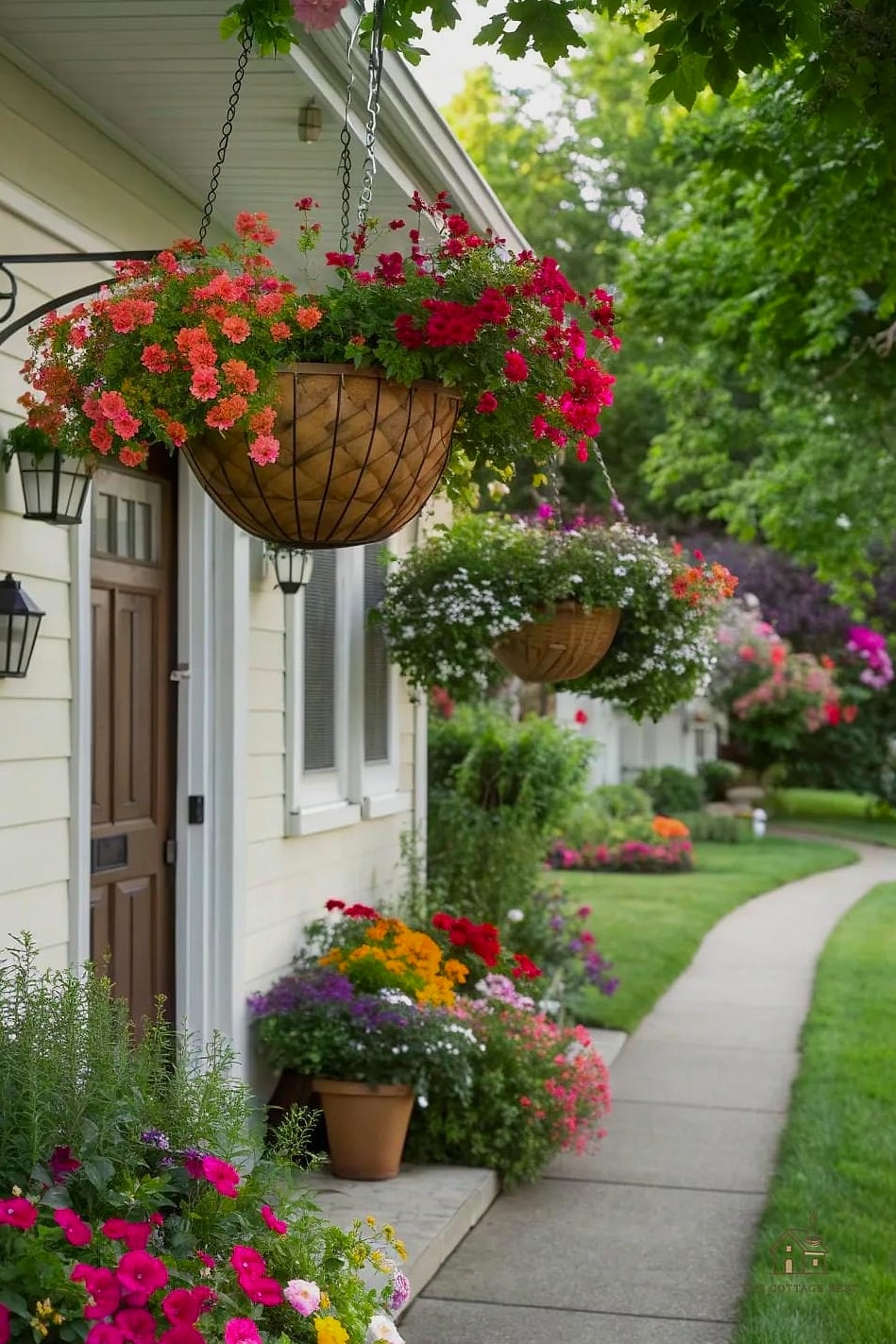 30 Amazing Front Yard Landscaping Ideas on a Budget 30 Hanging Baskets Near the Entry