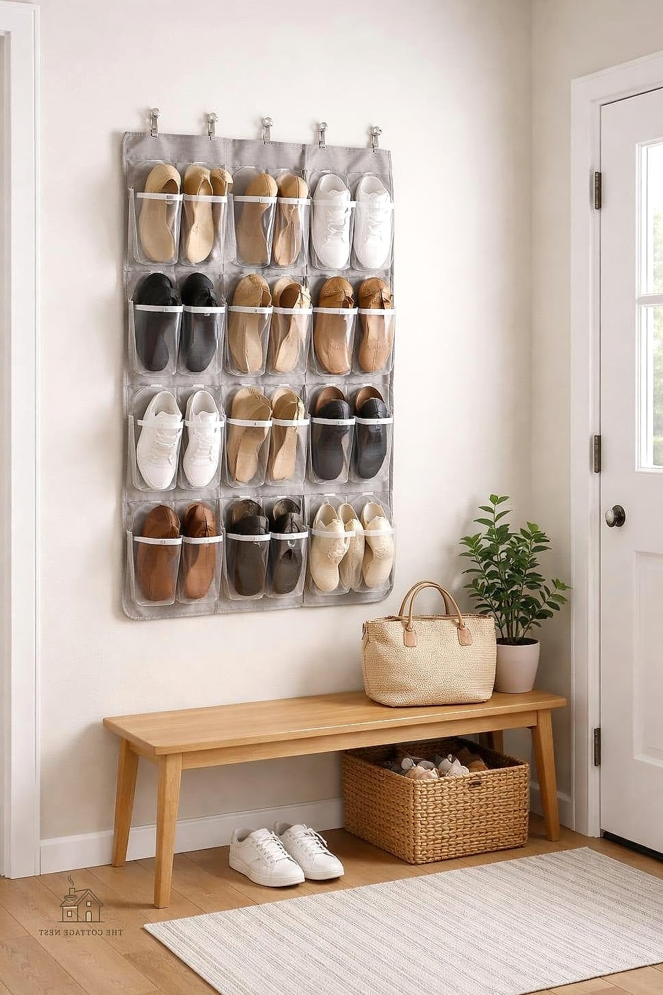 40 Amazing Small Entryway Shoe Storage Ideas on a Budget 35 Hanging Mesh Shoe Pockets on a Coat Rack