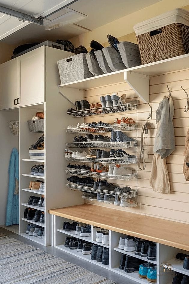 30 Cozy Garage Shoe Storage Ideas Worth Pinning 14 Hanging Shoe Storage Bags from the Ceiling