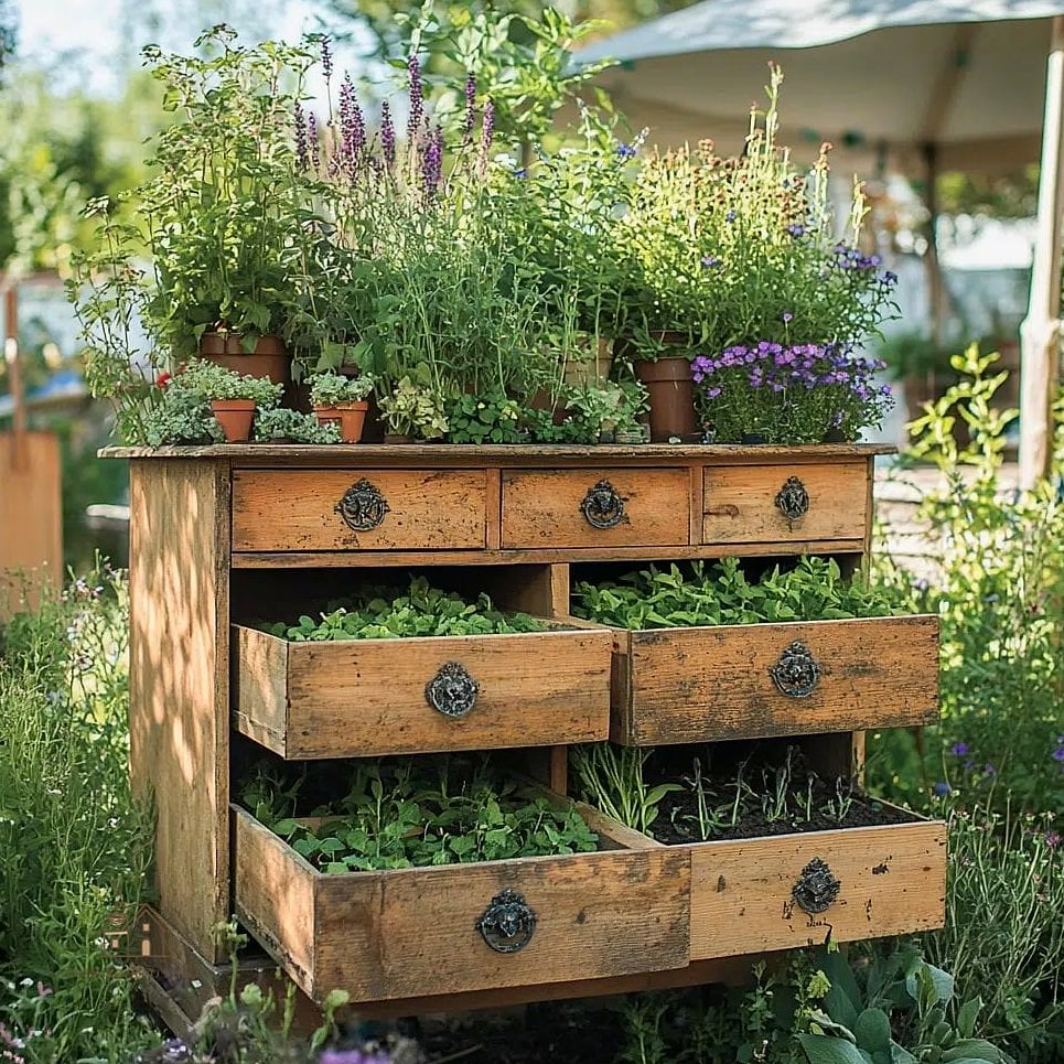 Herb Garden in an Old Dresser