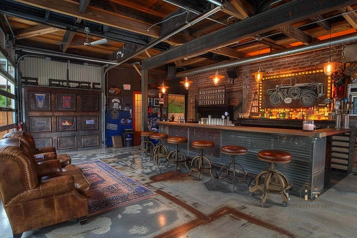 Industrial Bar Setup with Concrete Countertops