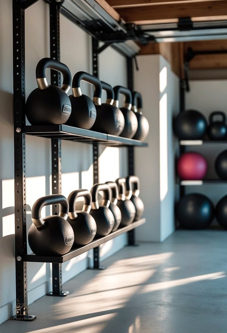 50 Beautiful Garage Gym Ideas to Transform Your Space 35 Kettlebell Display Rack