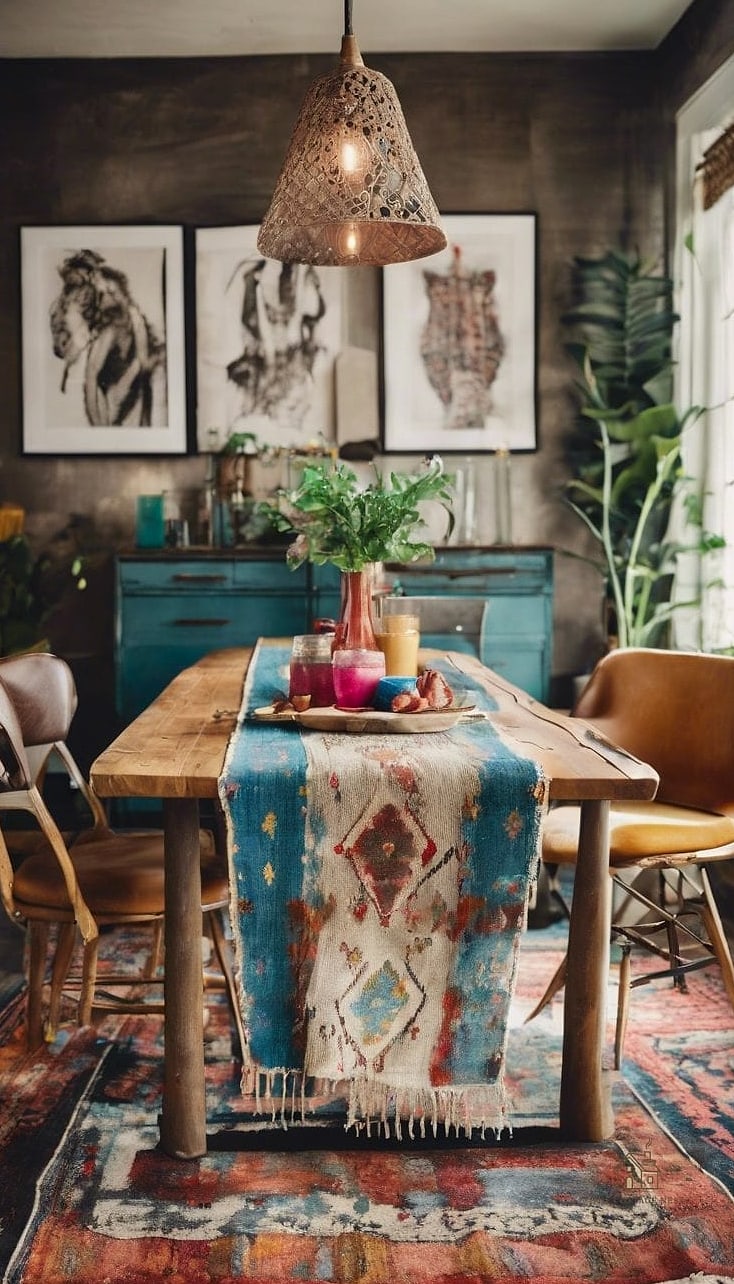 40 Cozy Boho Dining Room Decor Ideas Worth Pinning 22 Kilim-Print Bench Seating