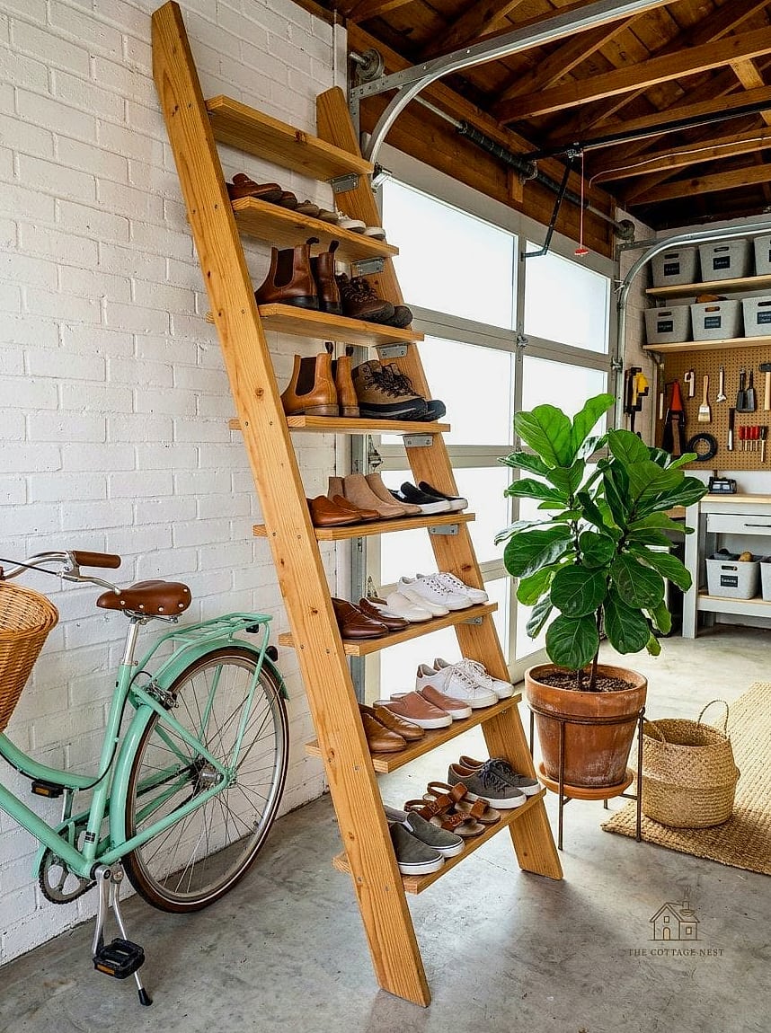 30 Cozy Garage Shoe Storage Ideas Worth Pinning 15 A Ladder Shelf Repurposed for Shoes