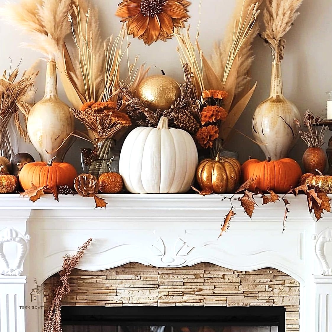 50 Amazing Fall Mantle Decor on a Budget 23 A Large Faux Pumpkin as the Centerpiece