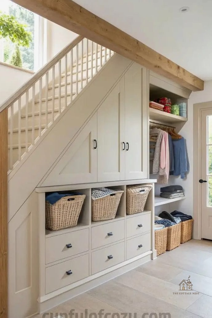 25 Gorgeous Under Stairs Ideas That Are Totally Doable 21 Laundry Sorting Station