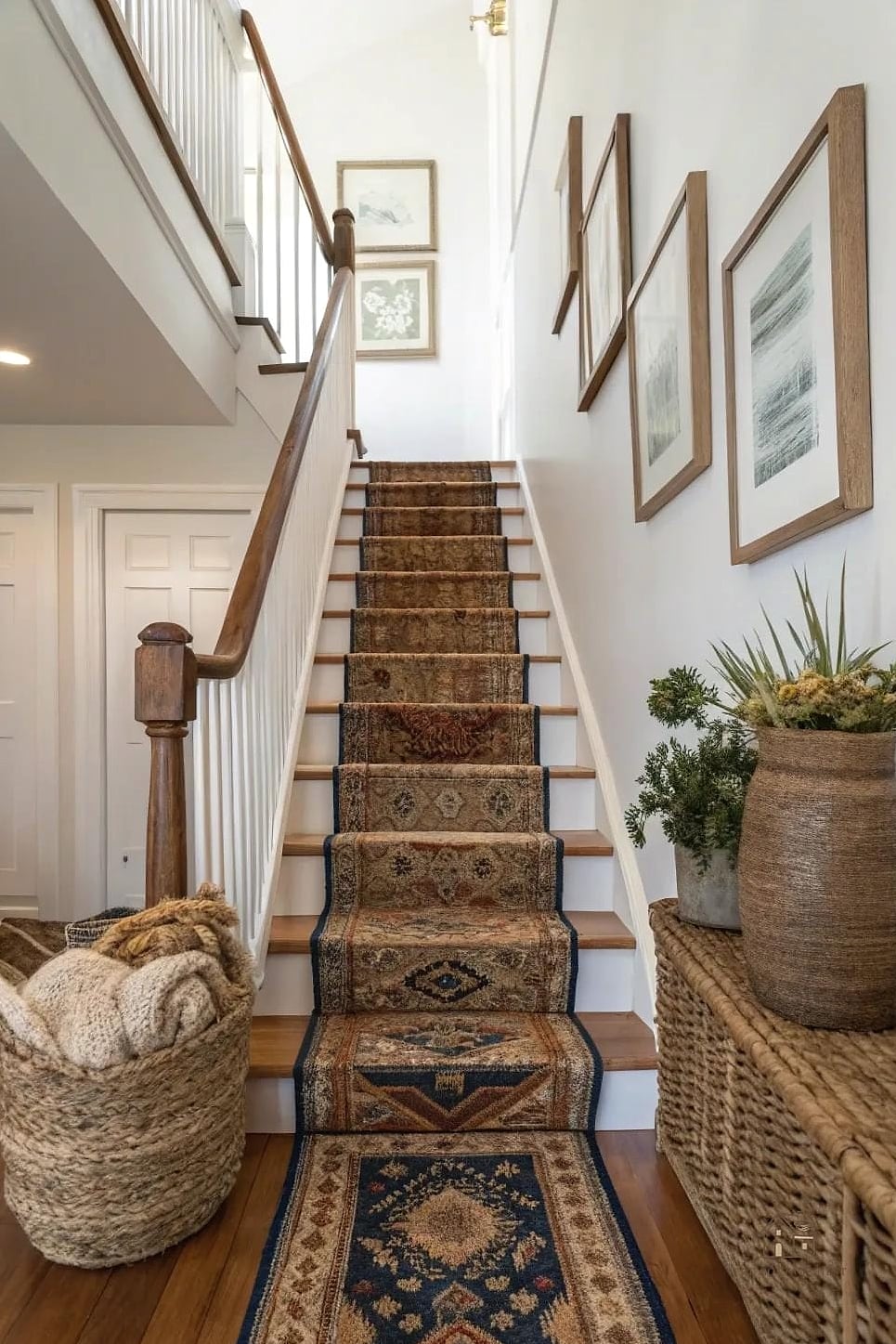 35 Creative Stair Landing Decor Ideas That Will Inspire You 5 Layered Area Rug on the Landing