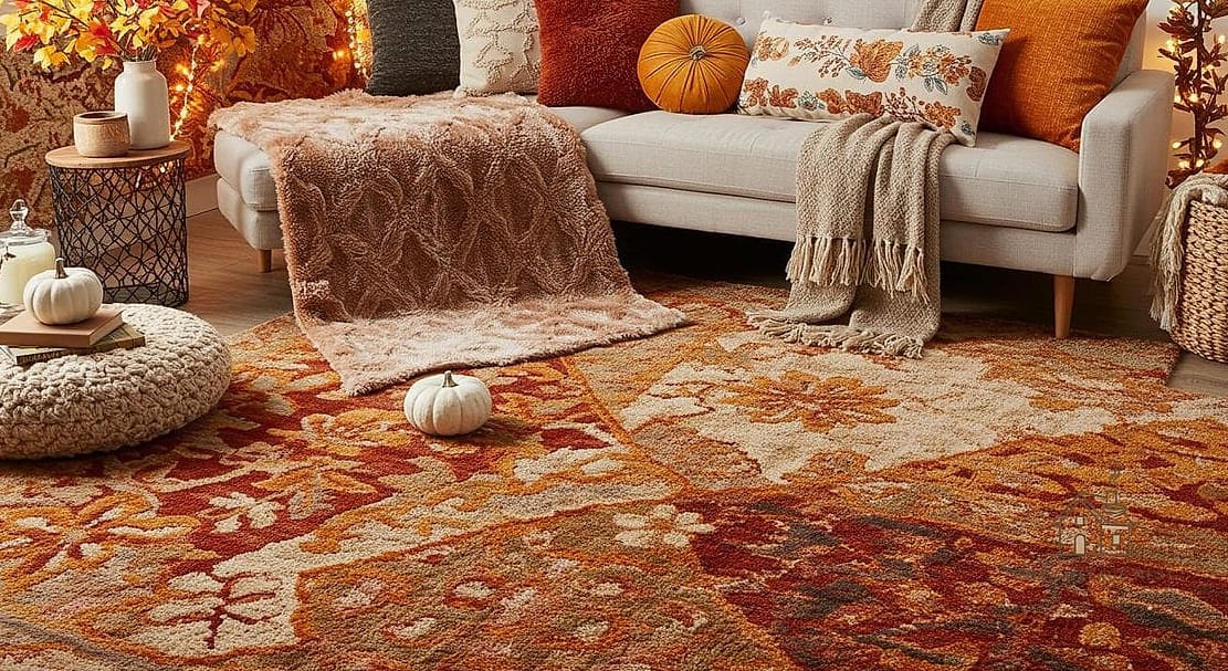 30 Dreamy Farmhouse Fall Decor Ideas to Try This Season 29 Layered Area Rugs with Vintage Patterns
