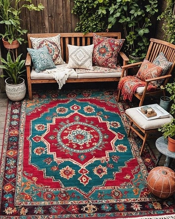 45 Brilliant Boho Garden Ideas to Copy Right Now 16 Layered Area Rugs for Outdoor Rooms