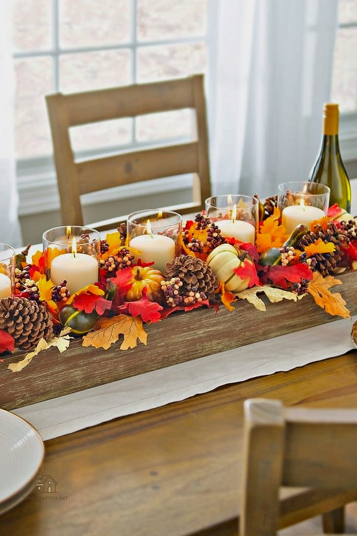 35 Beautiful Fall Table Centerpiece Ideas to Wow Your Guests 4 Layered Candle Runner with Amber Glass