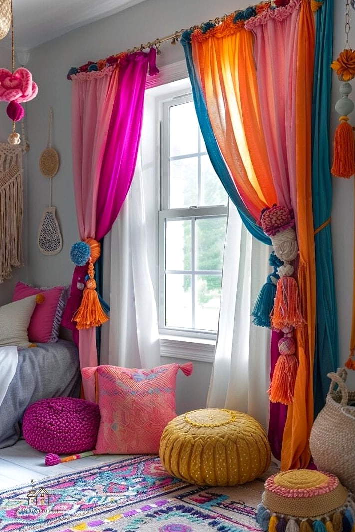 30 Beautiful Boho Dorm Room to Transform Your Space 24 Layered Curtains with Tassel Tiebacks