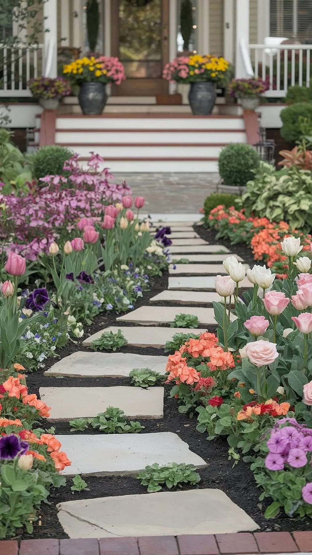 Layered Flower Beds Along the Walkway