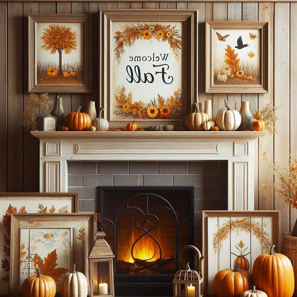 50 Amazing Fall Mantle Decor on a Budget 45 Layered Frames with Fall Artwork
