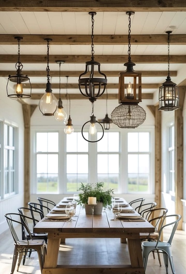 35 Gorgeous Farmhouse Dining Room Decor Ideas That Are Totally Doable 19 Layered Lighting