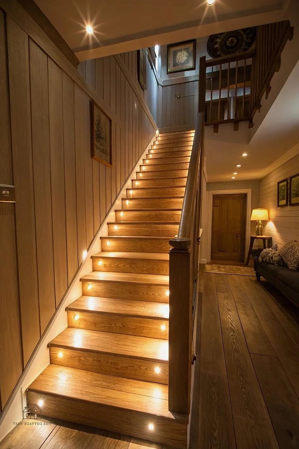 20 Cozy Basement Stairs Ideas Worth Pinning 8 Layered Lighting on the Way Down