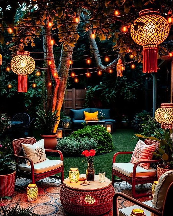 45 Brilliant Boho Garden Ideas to Copy Right Now 46 Layered Lighting with Lanterns, String Lights, and Candles
