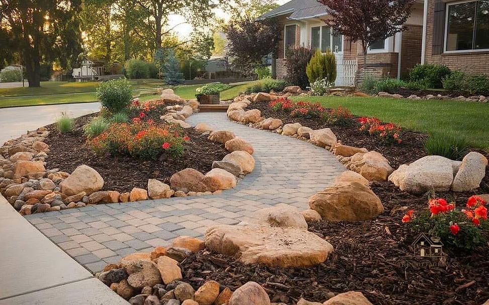 Layered Mulch and Stone Combination