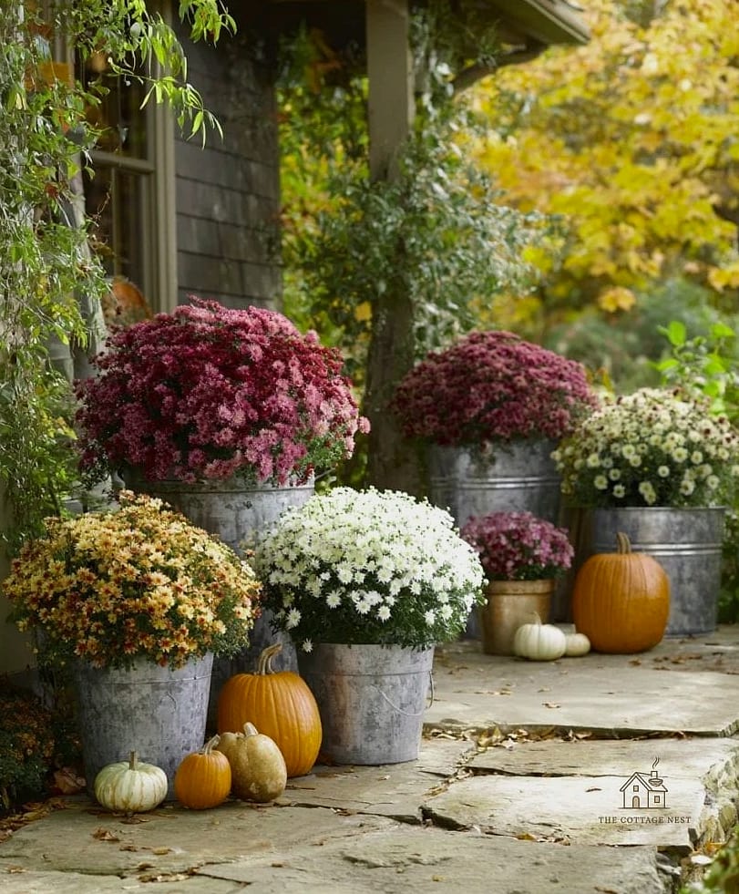 15 Brilliant Fall Outdoor Planter Ideas to Copy Right Now 2 Layered Mums in Graduated Sizes