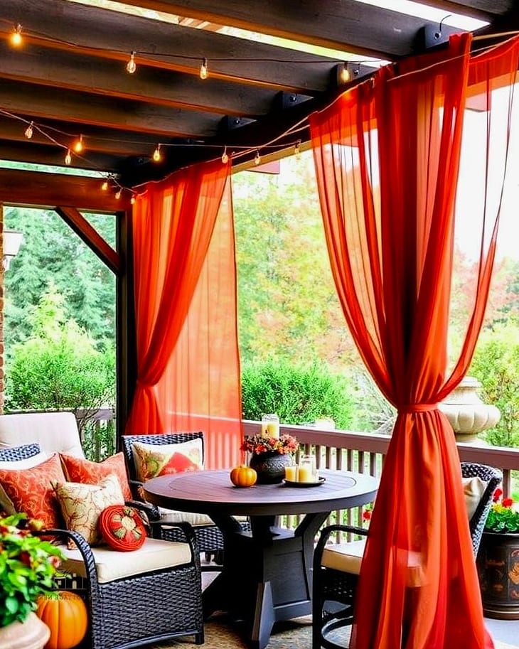 30 Cozy Fall Balcony Decor Apartment Worth Pinning 31 Layered Outdoor Curtains with String Lights Woven Through