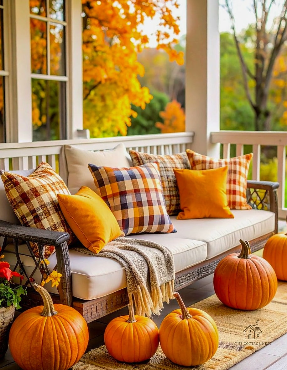 45 Gorgeous Fall Front Porch Decor Ideas That Are Totally Doable 33 Layered Porch Pillows