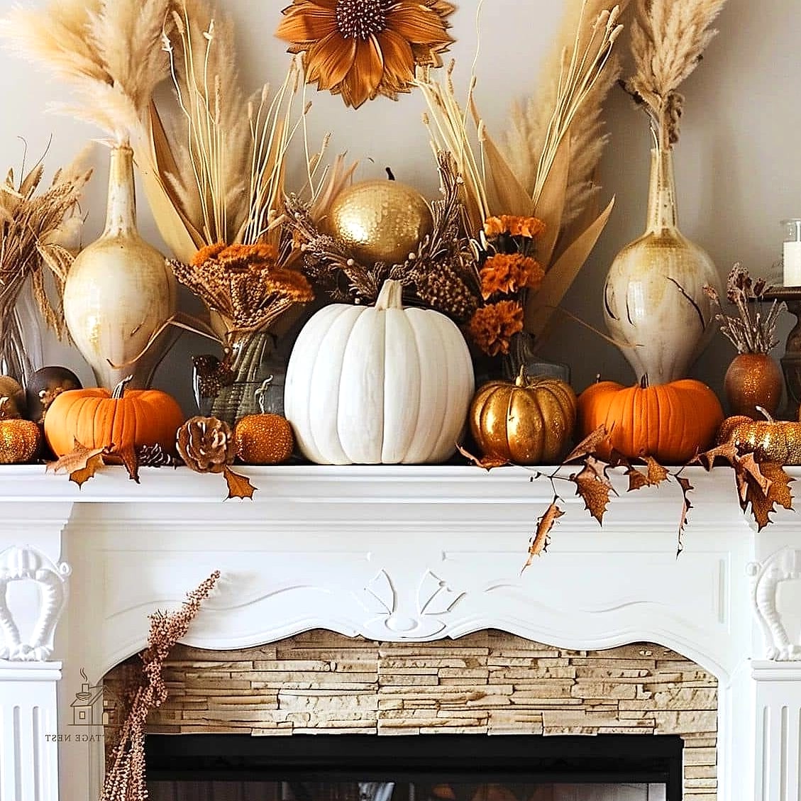 Layered Pumpkins Beneath a Floating TV