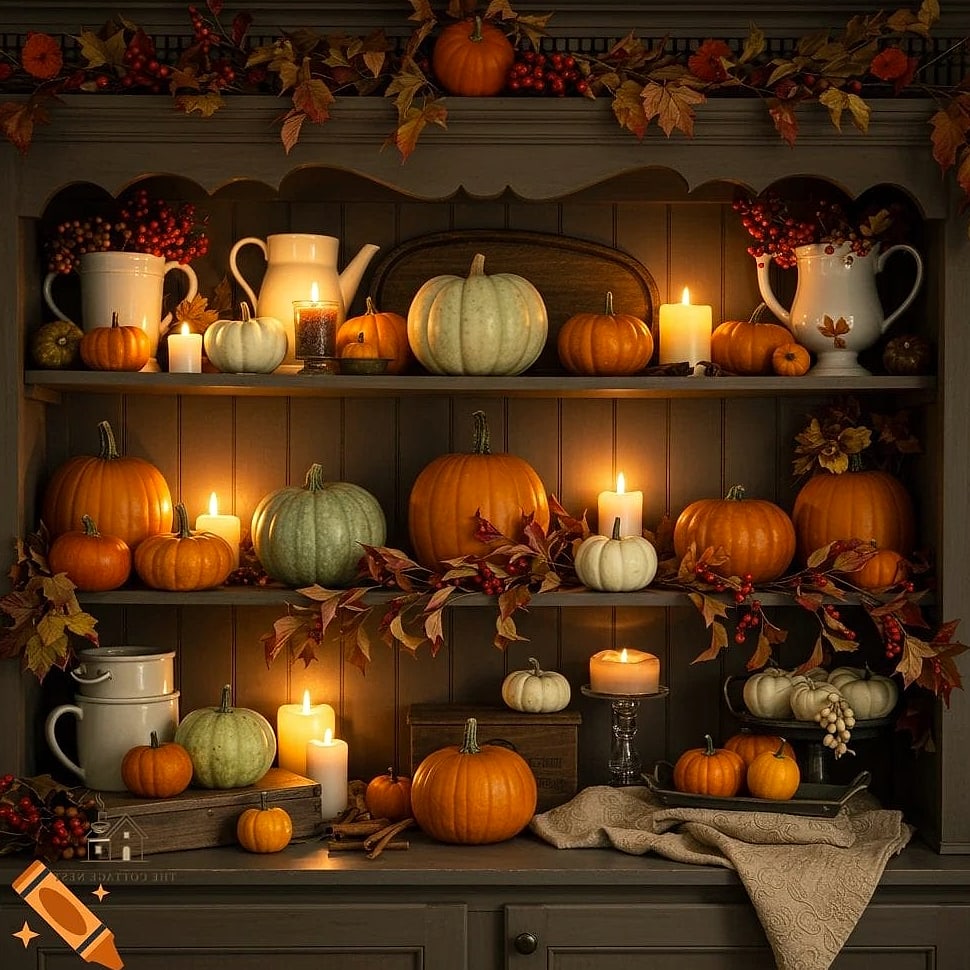 30 Dreamy Fall Hutch Decor Ideas to Try This Season 2 Layered Pumpkins in Varying Heights