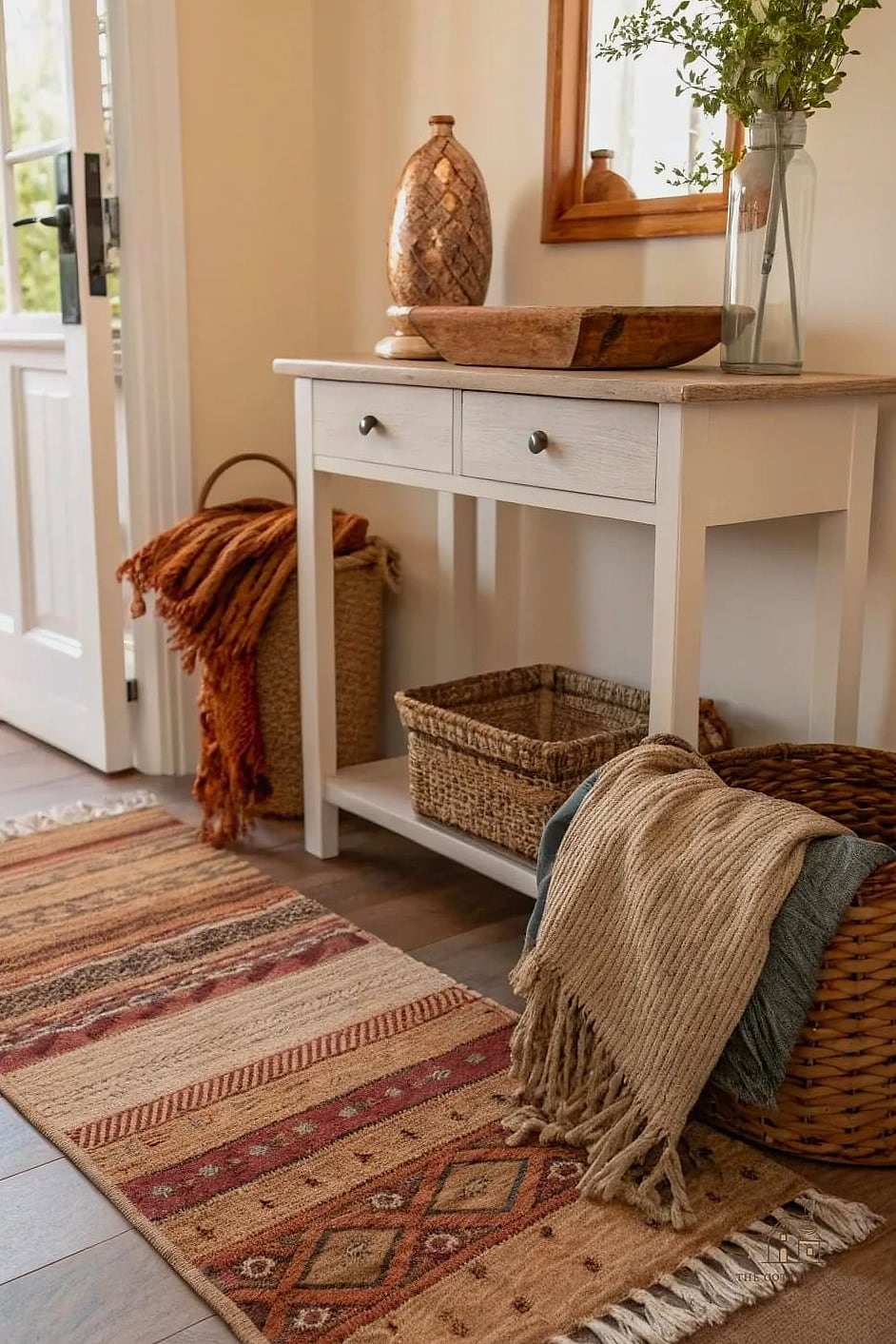 35 Brilliant Small Entryway Rug Ideas to Copy Right Now 20 Layered Rug Under a Console Table