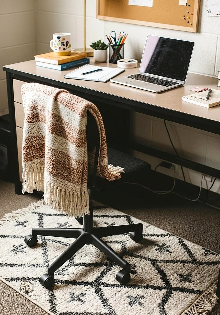 50 Beautiful College Dorm Desk Ideas to Transform Your Space 42 Layered Rug Under the Desk Chair