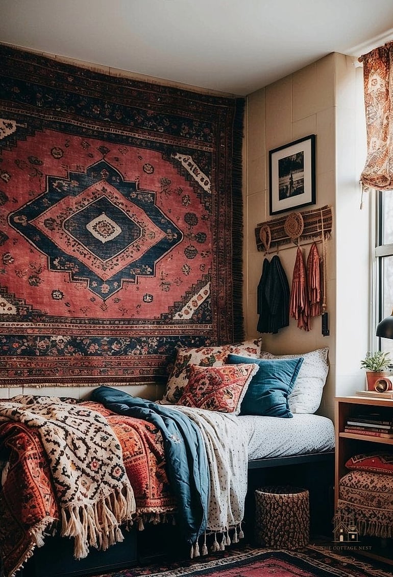 30 Beautiful Boho Dorm Room to Transform Your Space 3 Layered Rugs for Extra Coziness