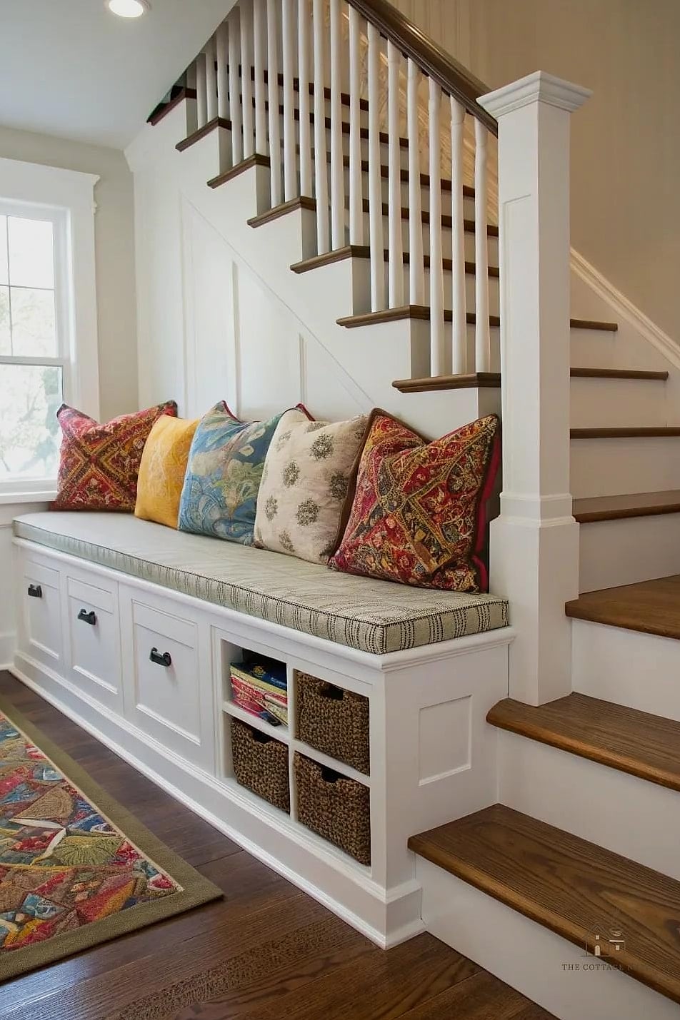 35 Creative Stair Landing Decor Ideas That Will Inspire You 36 Layered Textiles on a Bench