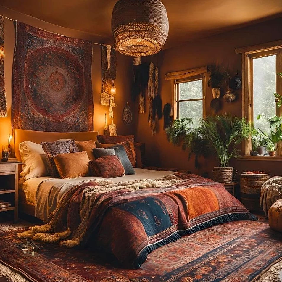 45 Dreamy Boho Bedroom Ideas That Feel Like a Retreat 2 Layer Rugs for a Grounded, Collected Look