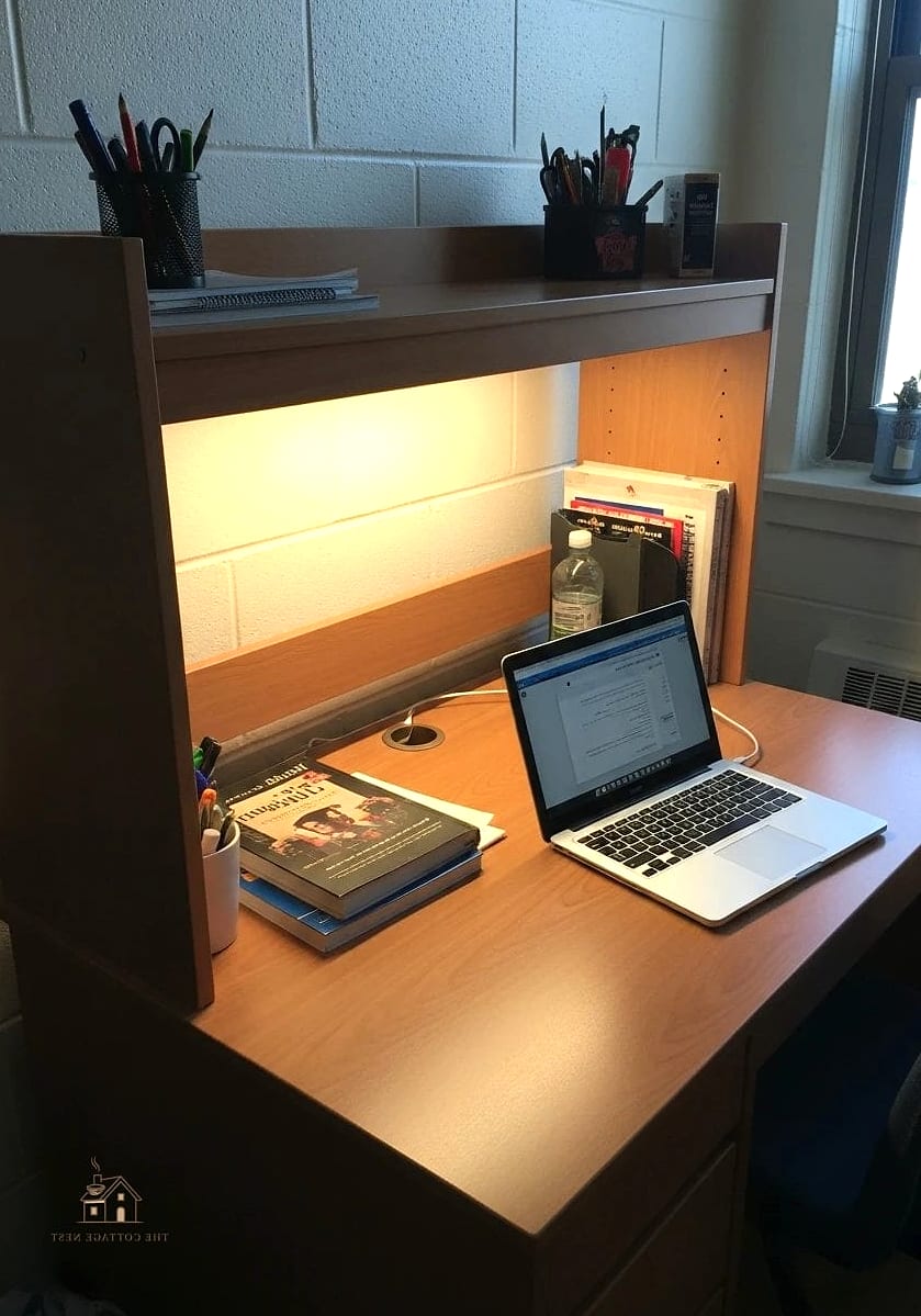 50 Beautiful College Dorm Desk Ideas to Transform Your Space 7 LED Strip Lighting Under the Shelf