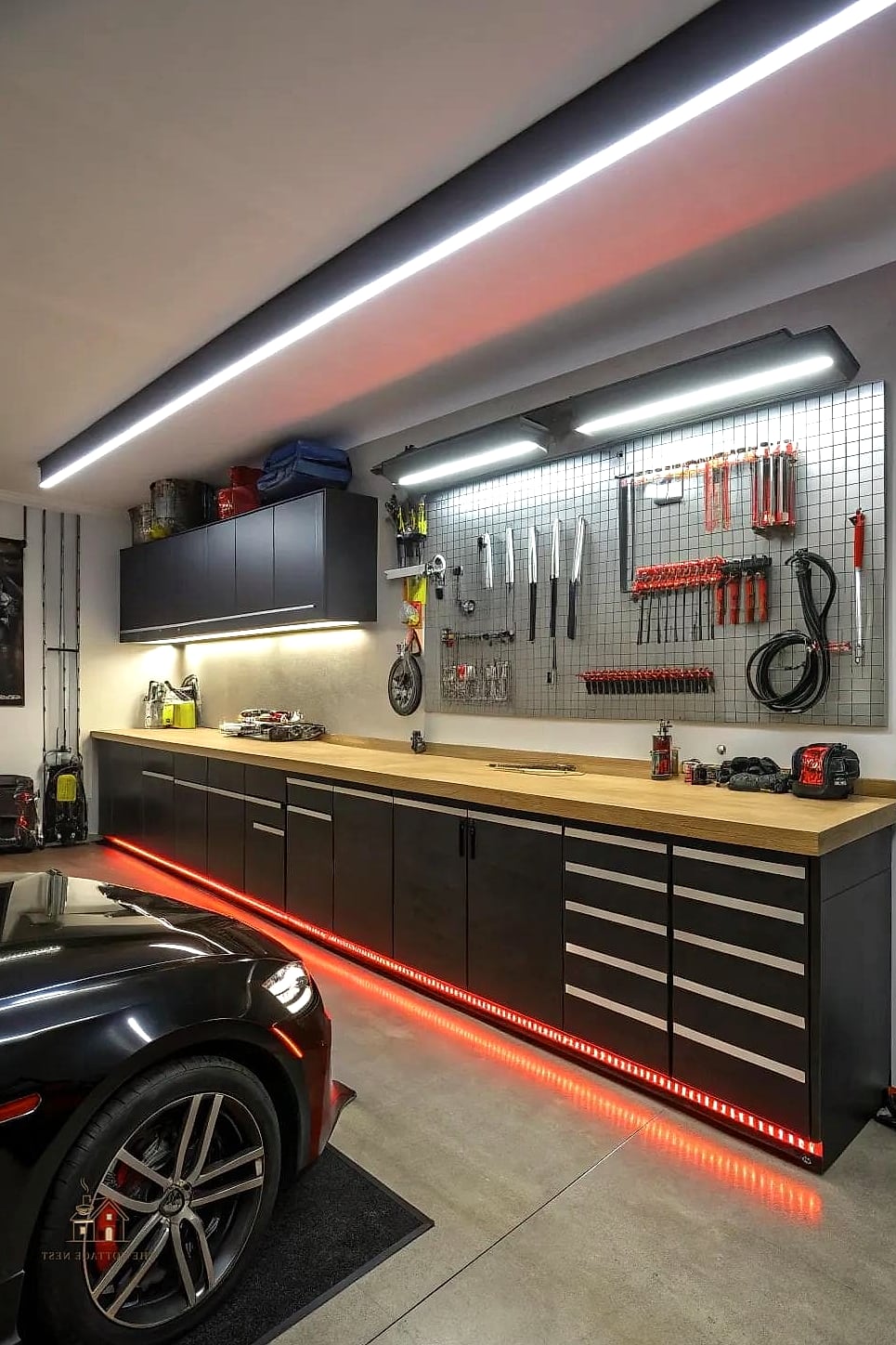 50 Clever Garage Man Cave Ideas for Every Style 42 LED Strip Lighting Under Shelving