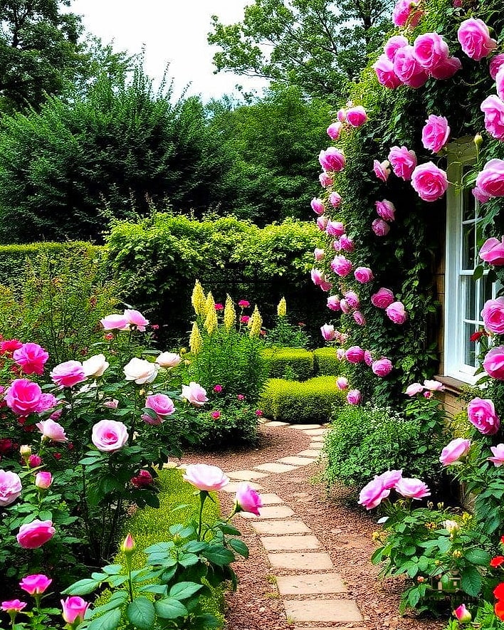 35 Brilliant Cottage Garden Ideas to Copy Right Now 3 Let a Climbing Rose Take Over a Fence