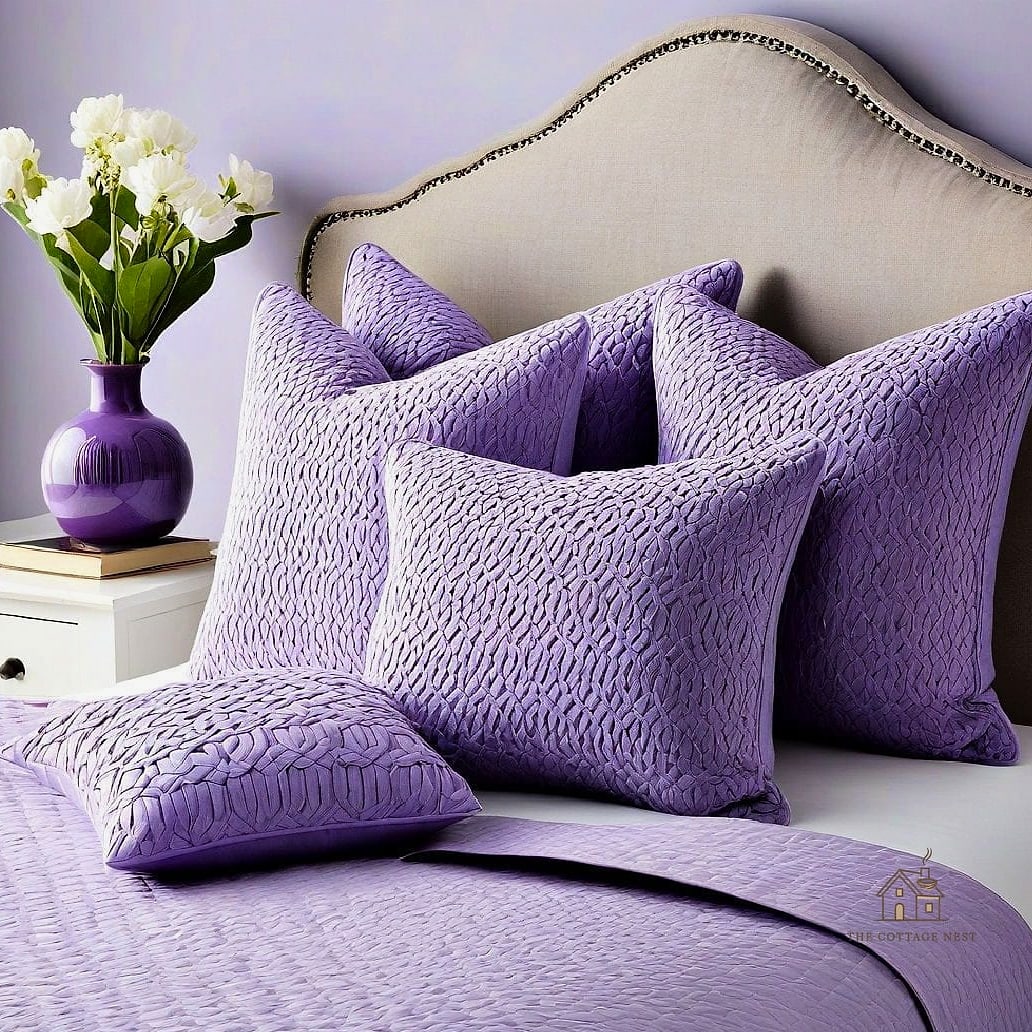 40 Amazing Purple Dorm Room Ideas on a Budget 5 Lilac Throw Pillows on a Plain Comforter