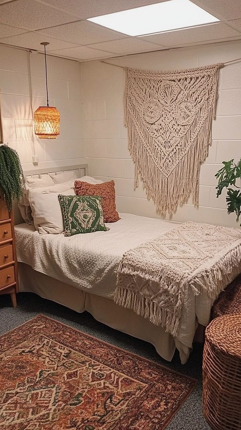 30 Beautiful Boho Dorm Room to Transform Your Space 2 Macrame Wall Hanging Above the Bed