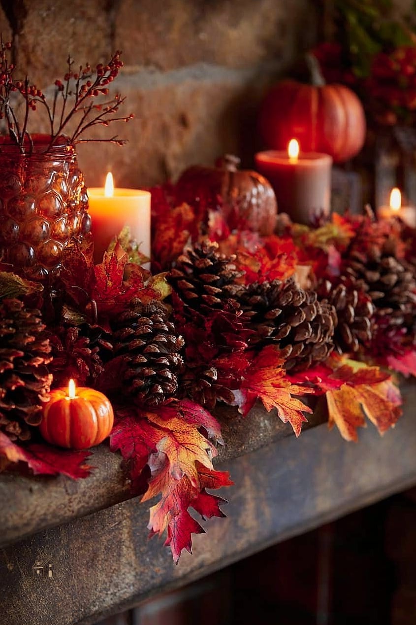 30 Dreamy Fall Tray Decorating Ideas to Try This Season 30 Mantel Tray with Pinecones and Candles