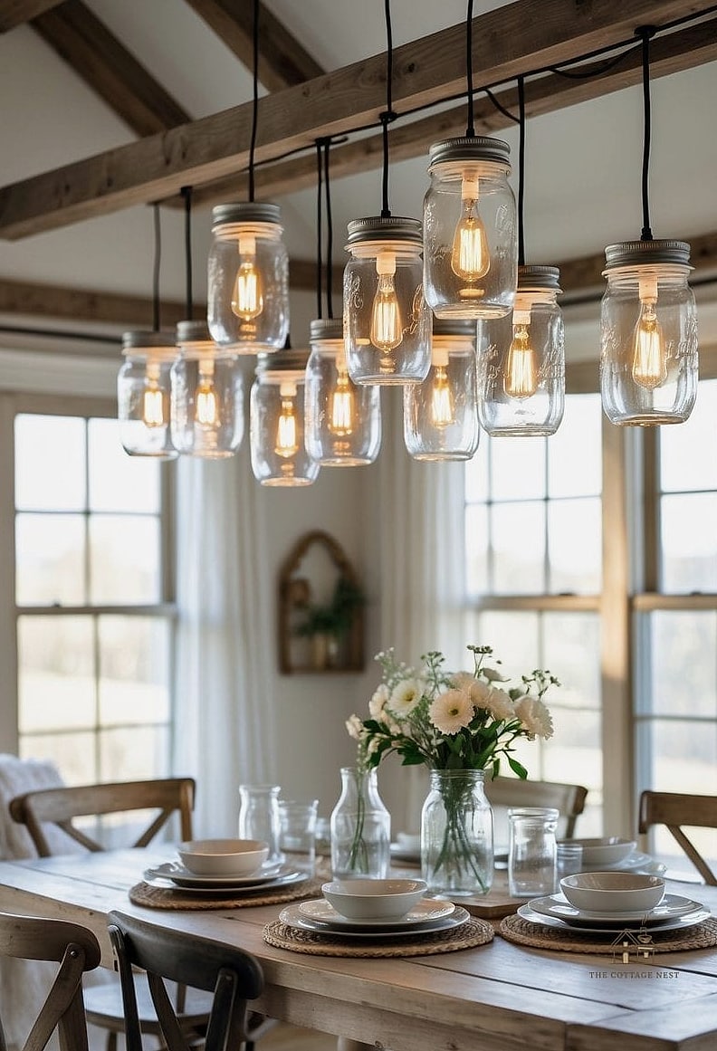 45 Brilliant Farmhouse Dining Room Lighting Ideas to Copy Right Now 4 Mason Jar Pendant Cluster