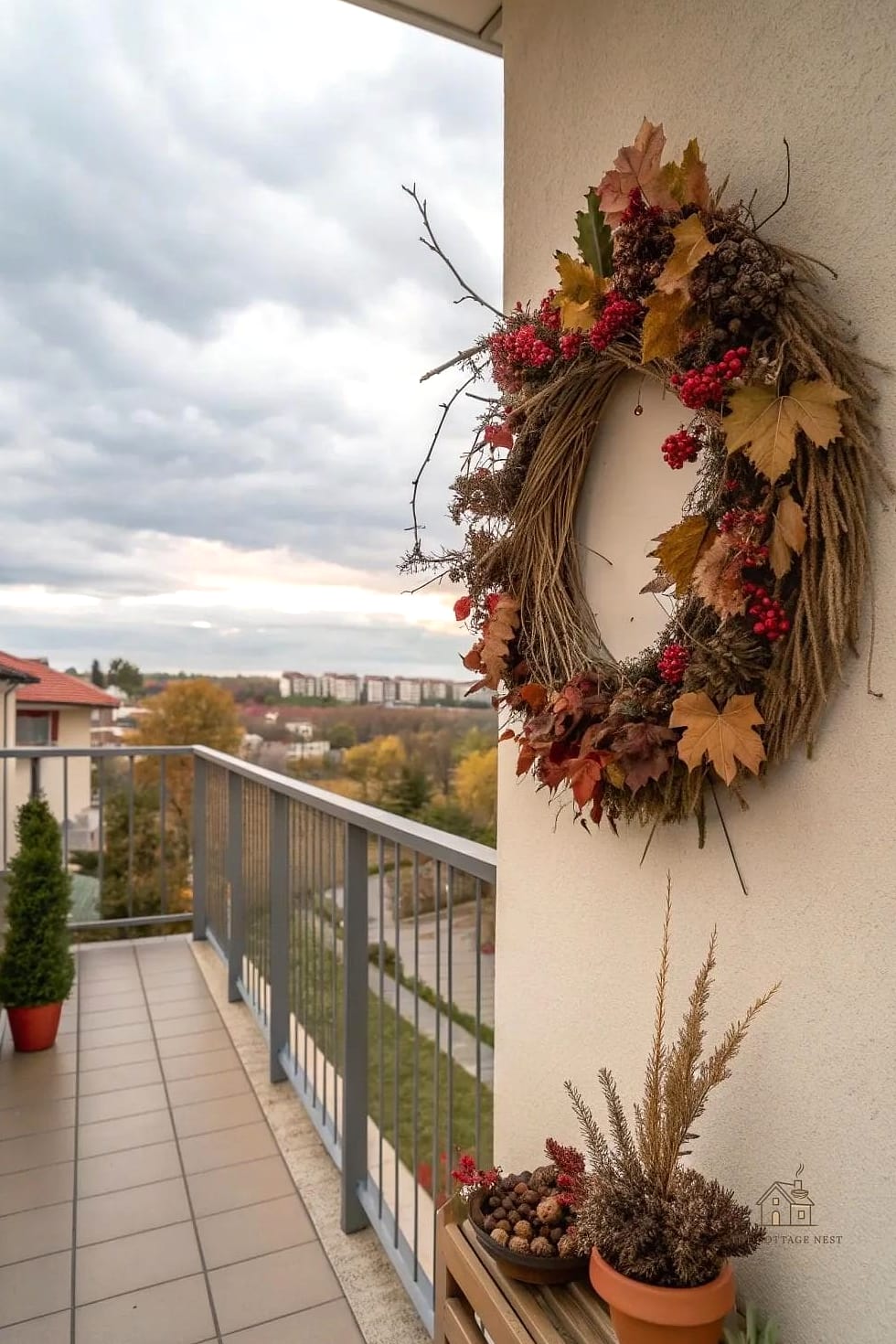 30 Cozy Fall Balcony Decor Apartment Worth Pinning 27 A Mini Fall Wreath for the Balcony Door