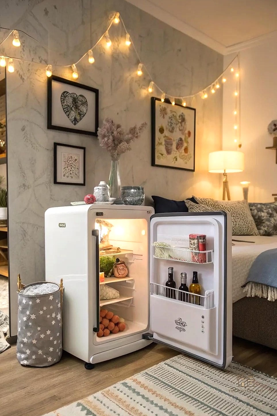 15 Chic Single Dorm Room Ideas for a Beautiful Home 12 Mini Fridge Styled as a Design Element, Not an Eyesore
