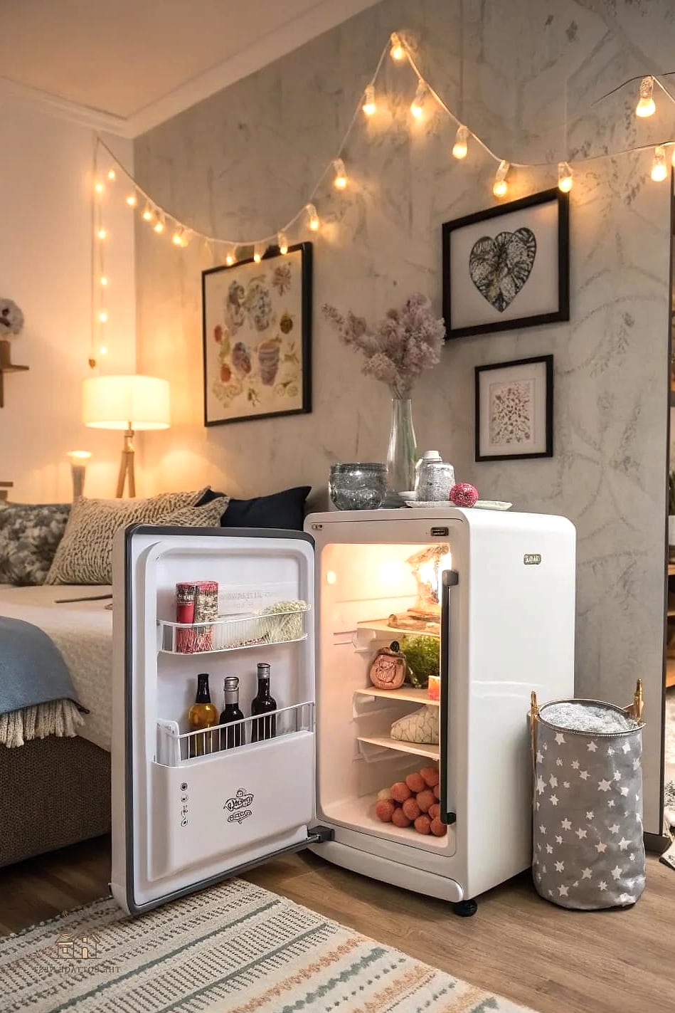 A Mini Fridge and Snack Station