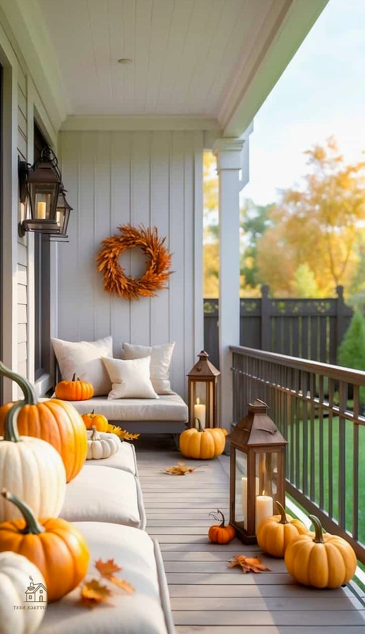 30 Cozy Fall Balcony Decor Apartment Worth Pinning 6 Mini Pumpkins Grouped in Odd Numbers