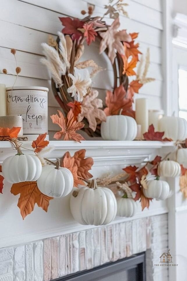 50 Amazing Fall Mantle Decor on a Budget 41 Mini Pumpkins Nestled in Faux Moss