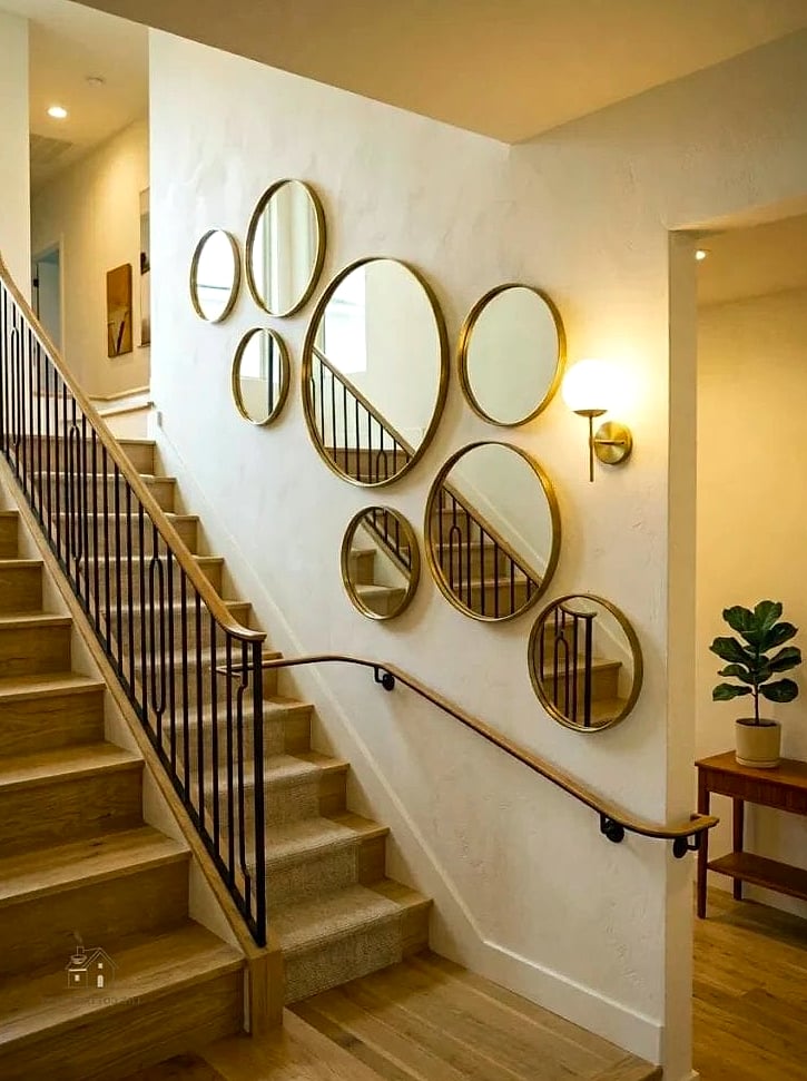 50 Clever Stairs Wall Decor Ideas for Every Style 15 Mirror Cluster for Extra Light