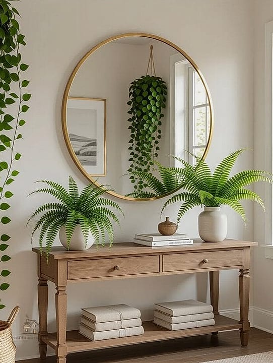 45 Creative Entryway Mirror Ideas That Will Inspire You 33 Mirror Flanked by Greenery